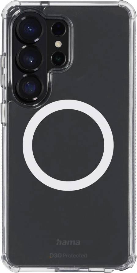 Black smartphone in a clear protective case with a large white MagSafe-style ring and triple rear camera cutout.