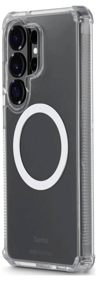 Clear phone case with three rear camera cutouts and a large white MagSafe-style ring on the back.