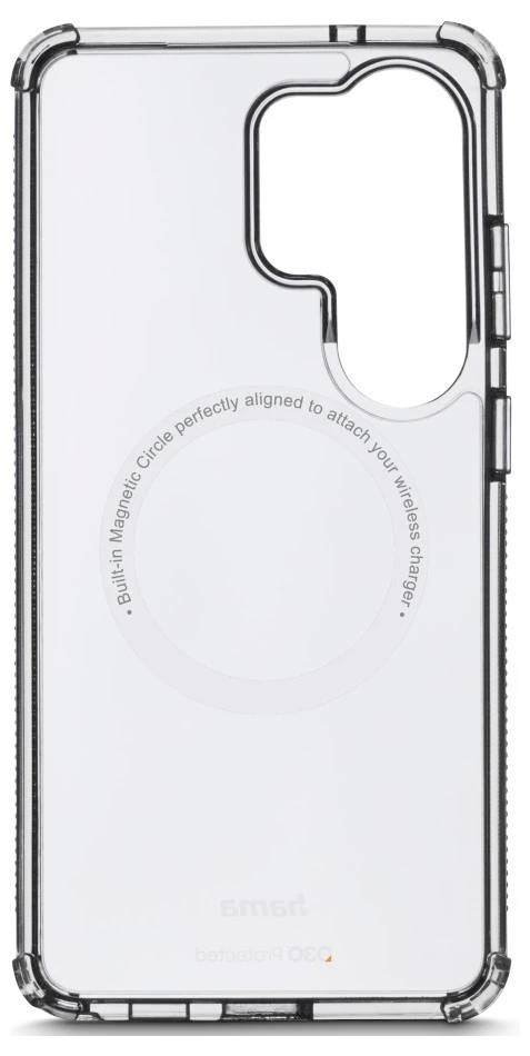 Clear phone case with large circular MagSafe ring and raised camera cutout, shown on a white background.