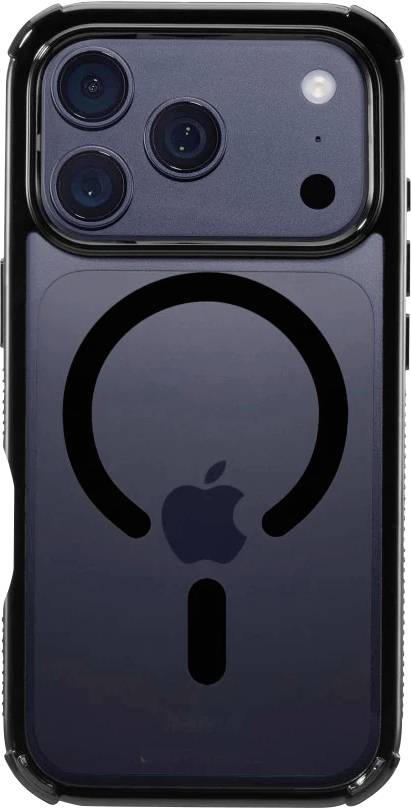 Back of a dark iPhone in a clear case, showing triple cameras and a large black MagSafe ring with vertical stand feature.