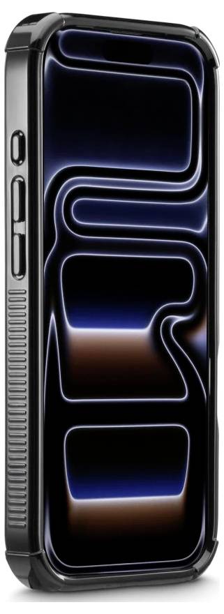 A black smartphone shown from the back, with a glossy reflective surface and blue-orange glowing abstract line patterns on the case.