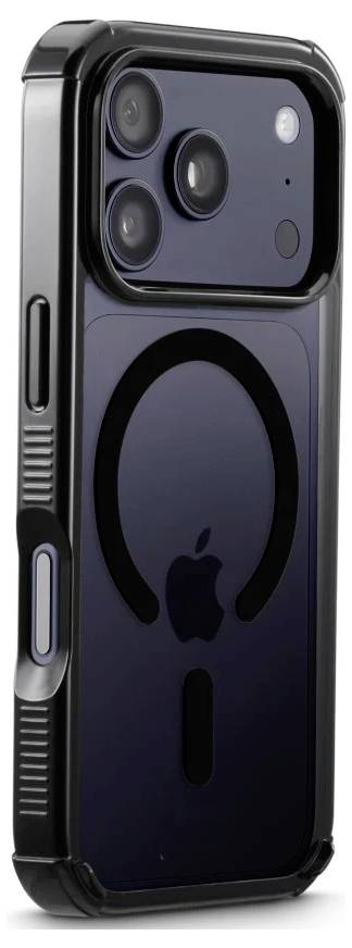 Black iPhone case with a MagSafe ring and large camera cutout, shown in a side view to highlight the protective design and buttons.