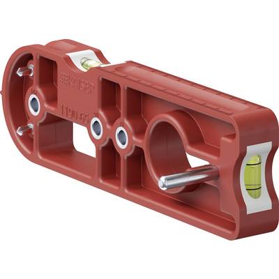 Red plastic spirit level tool with two horizontal vials and metal pegs, shown in perspective on a white background.