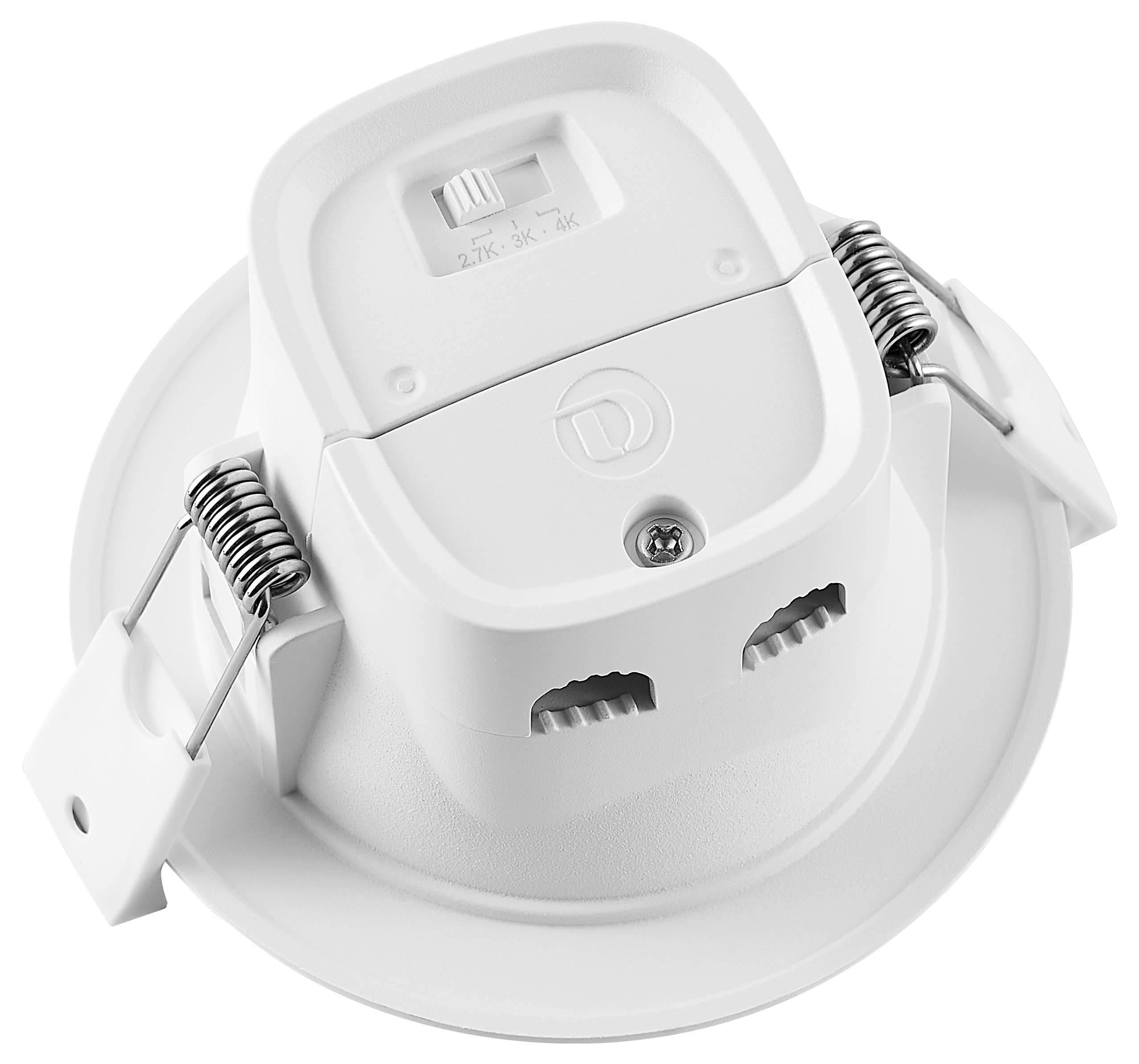 White recessed ceiling speaker with spring clips and adjustable sound switch, shown from below.
