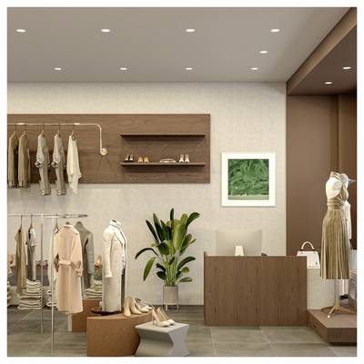 Modern clothing boutique interior with racks of coats and dresses, a display counter, shelves, plant, framed art, and mannequins showcasing outfits and accessories.