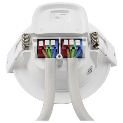 Close-up of a recessed round ceiling light fixture with exposed wiring terminals and two cables connected.