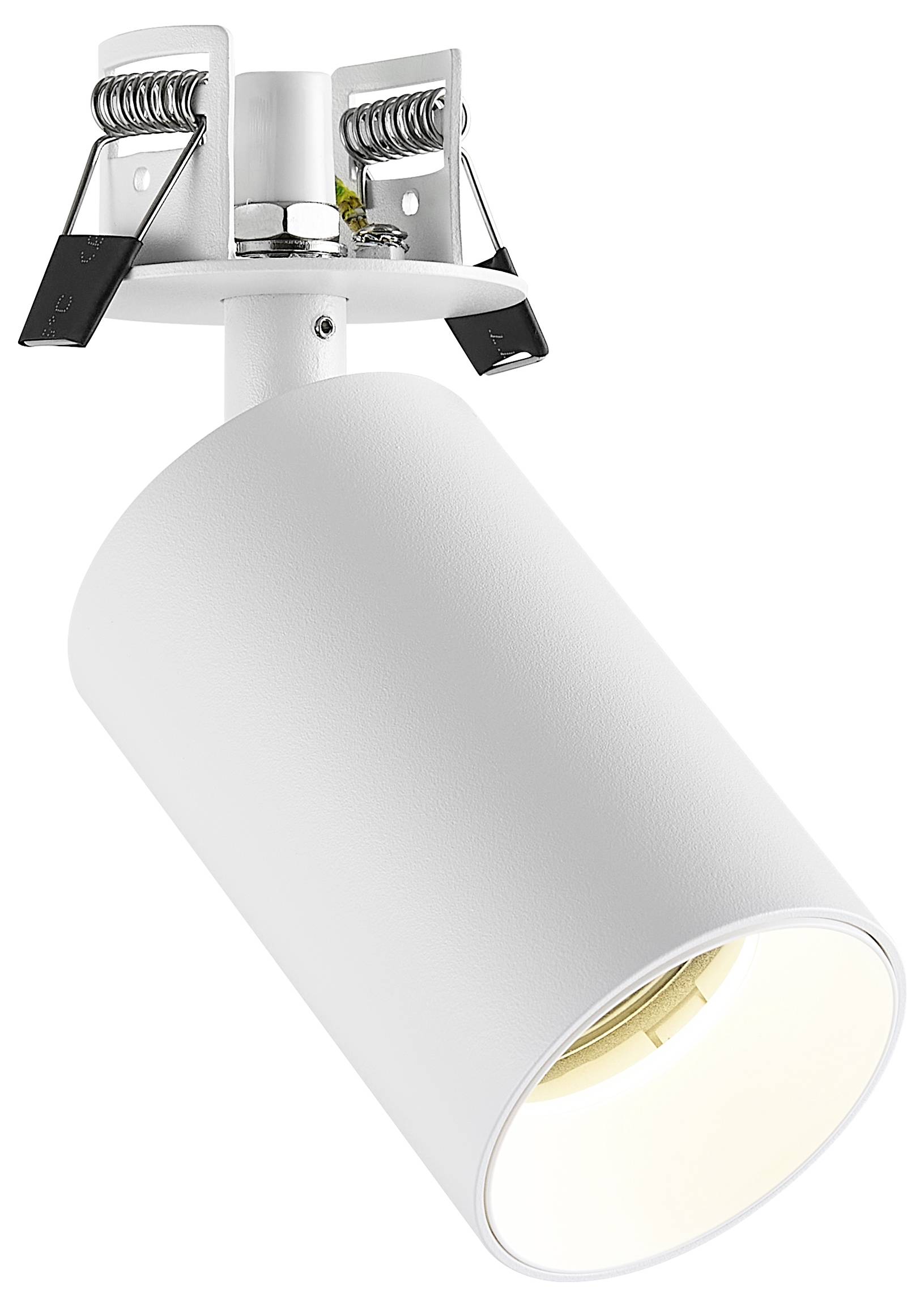 White adjustable ceiling spotlight with a cylindrical lamp head and spring clips on a mounting bracket.