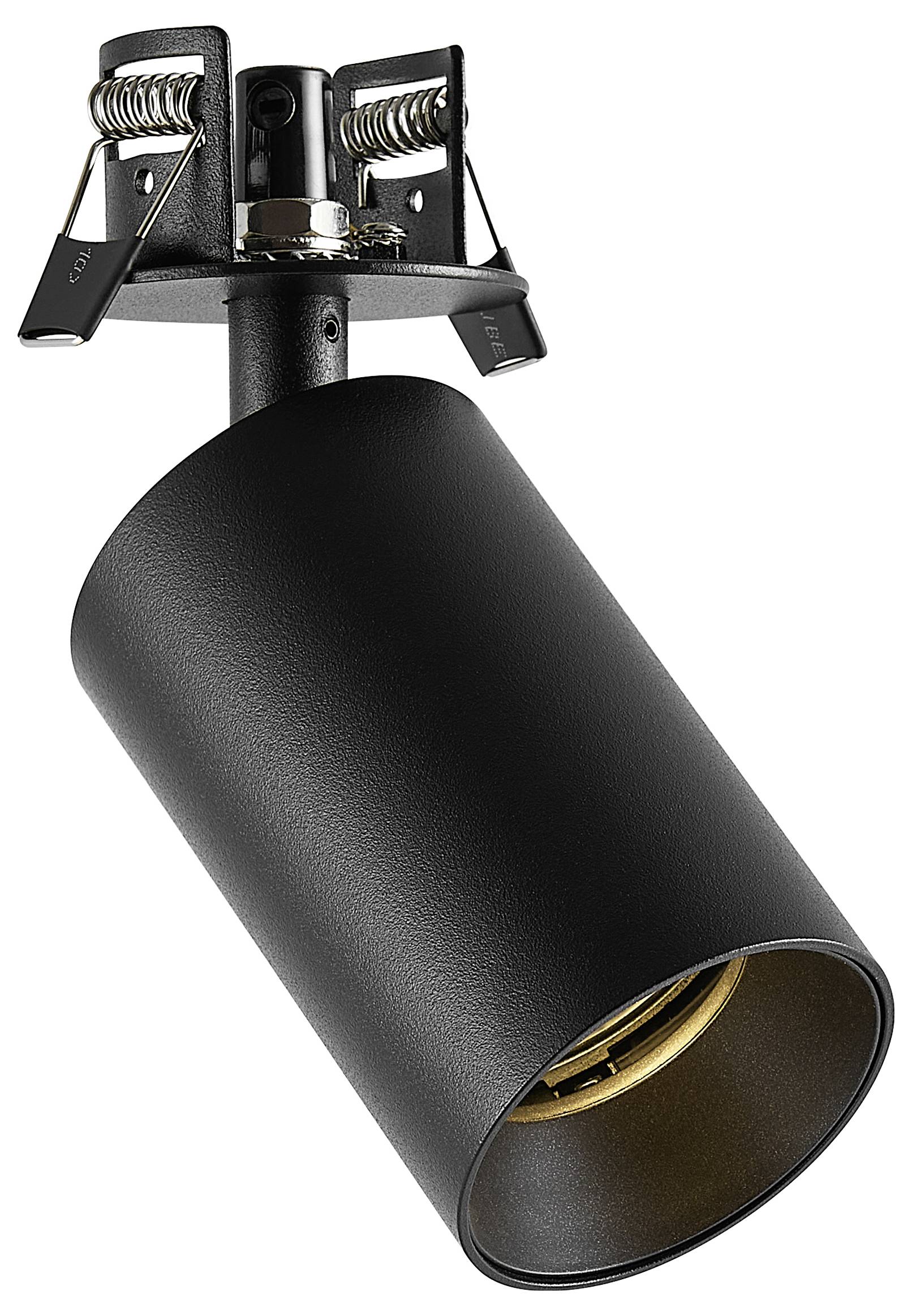 Black cylindrical adjustable spotlight fixture with spring-mounted bracket and visible gold-toned lamp socket inside.<br>