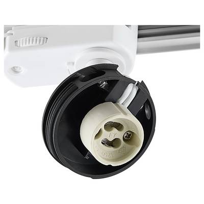 Close-up of a track light spotlight head with an exposed GU10-style bulb socket inside the black fixture.