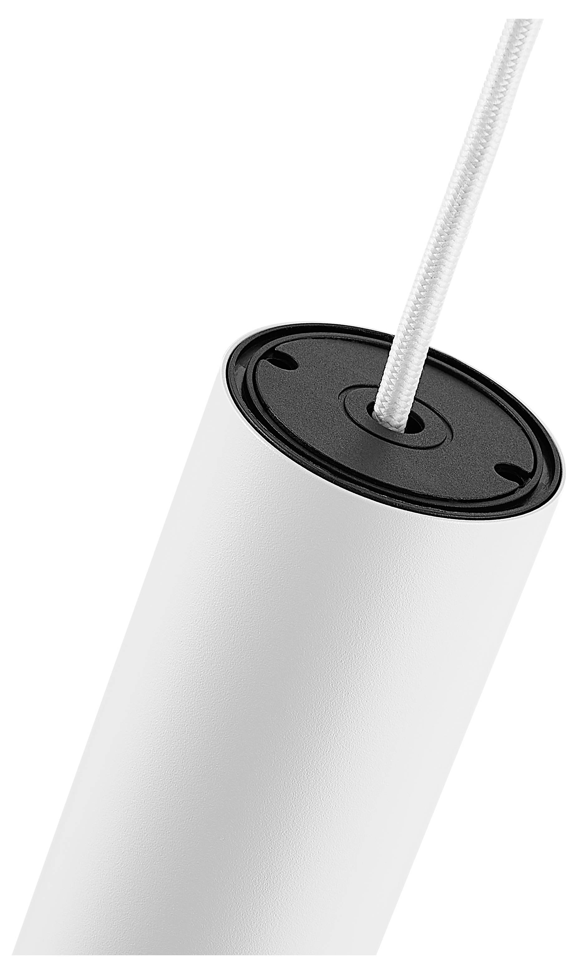 White cylindrical pendant light with a black top and hanging cord on a plain background.