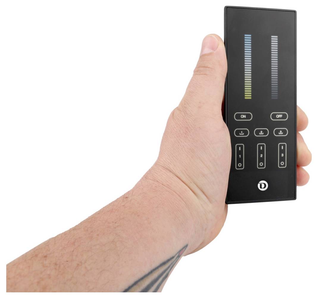 Hand holding a black remote control with illuminated level bars and on/off buttons on a white background.
