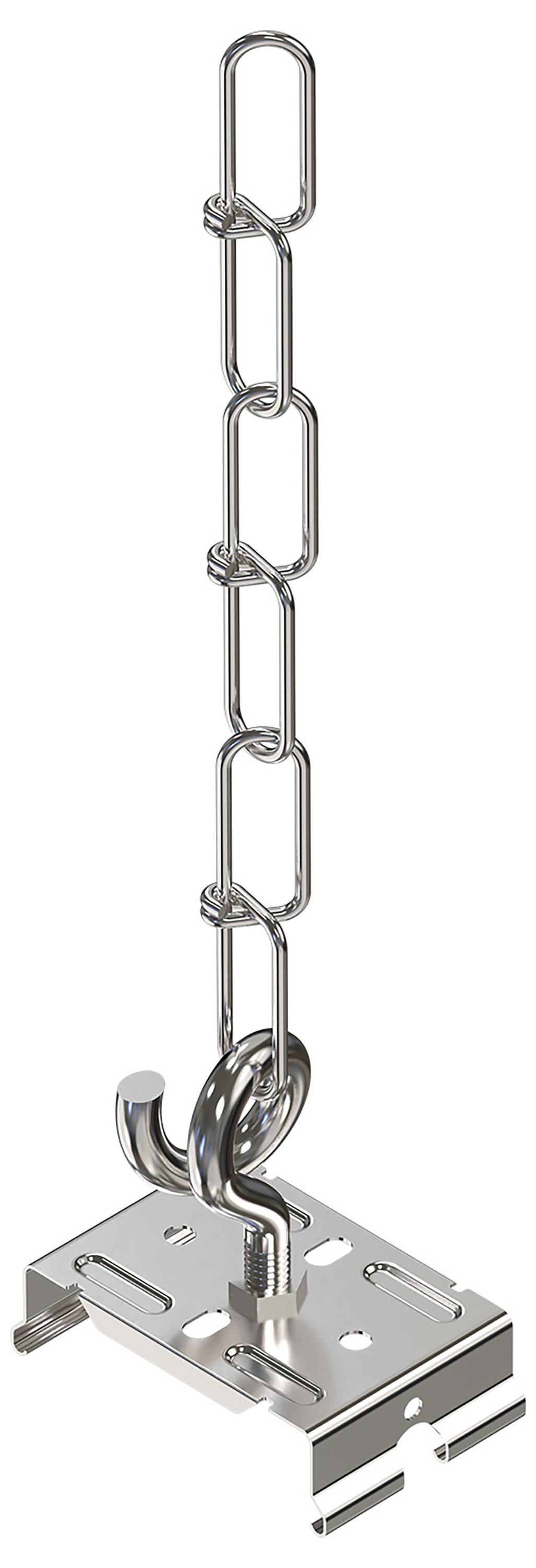 Metal chain connected to a rectangular mounting plate with hooks and a swivel ring, showing a hanging hardware assembly.
