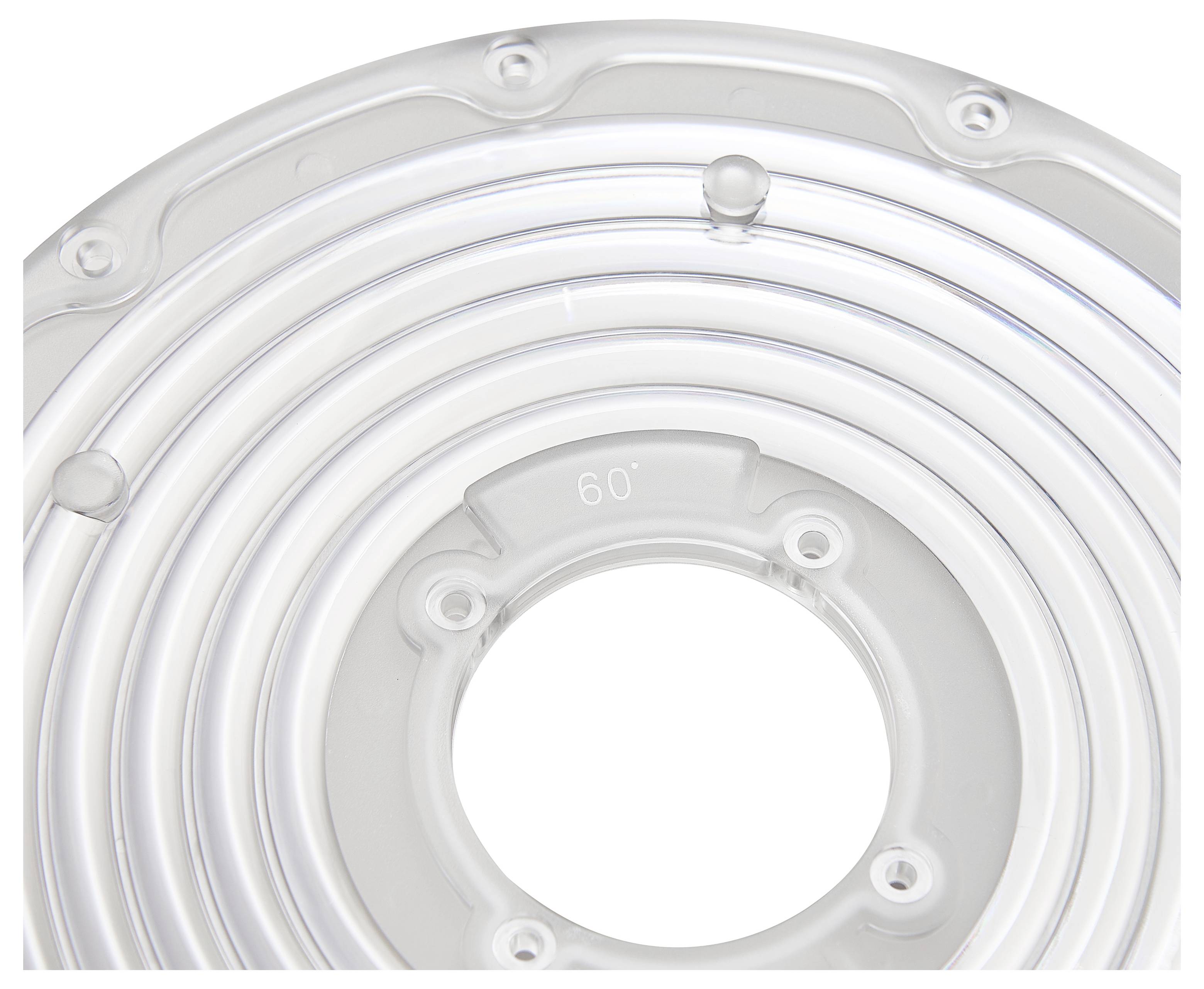 Close-up of a translucent circular plastic ring with concentric ridges, bolt holes, and a '60°' marking on a white background.