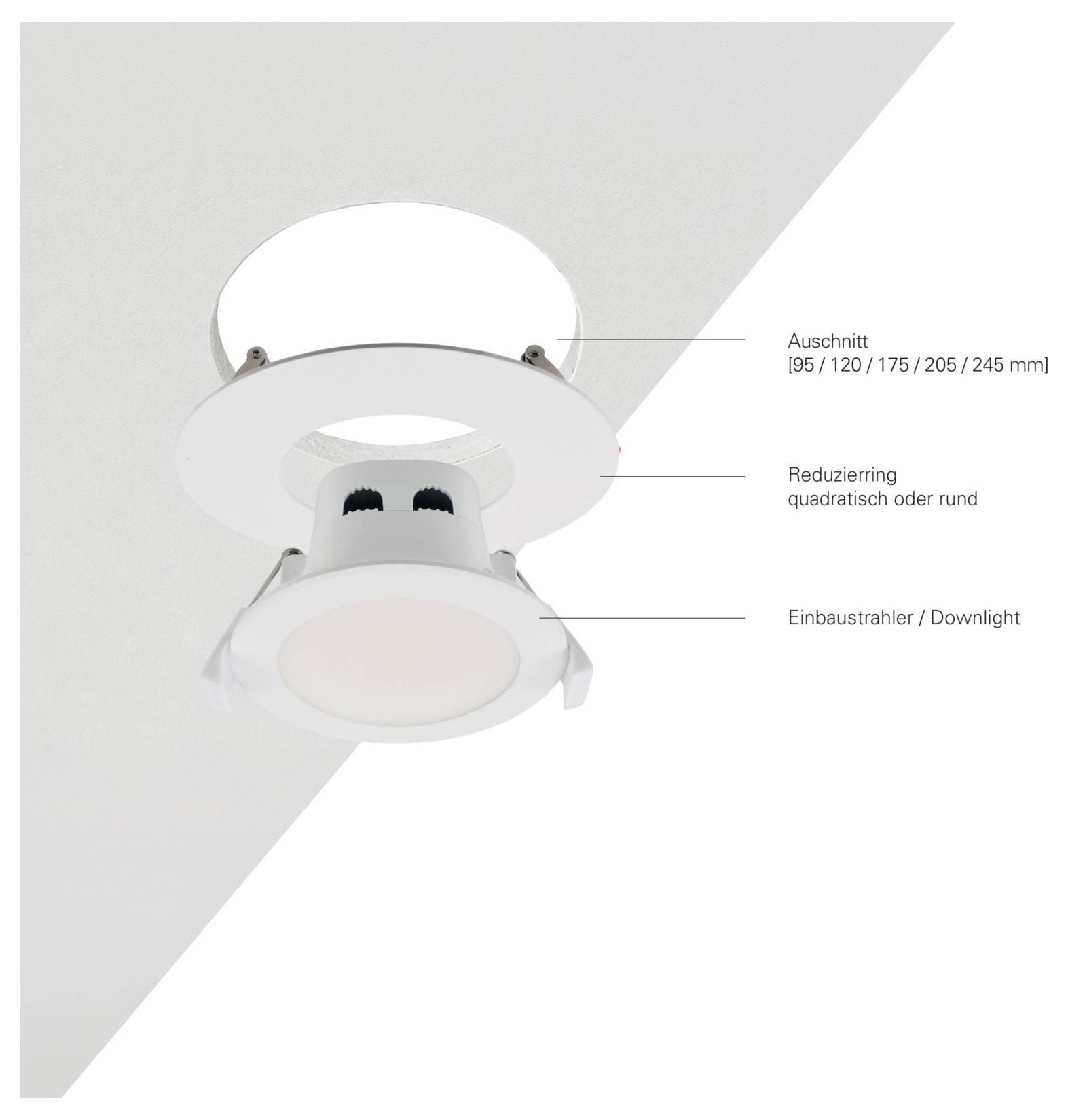 Diagram of a recessed downlight with labels for cutout size 'Ausschnitt [95 / 120 / 175 / 205 / 245 mm]', reducer, and downlight/inbouwstrahler.