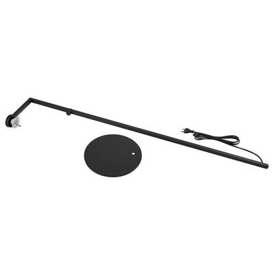 Black adjustable boom arm with a circular mounting base plate and attached cable, shown on a white background.