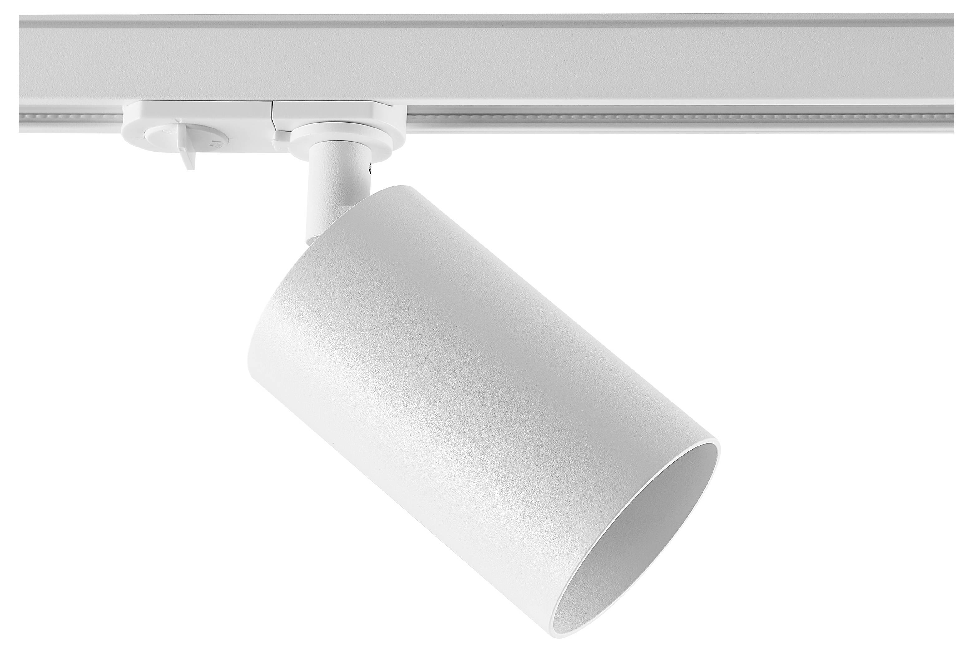 White track spotlight mounted on a ceiling rail, angled downward to illuminate an area.