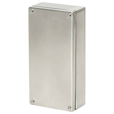 Stainless steel electrical junction box with four corner screws on a plain white background.