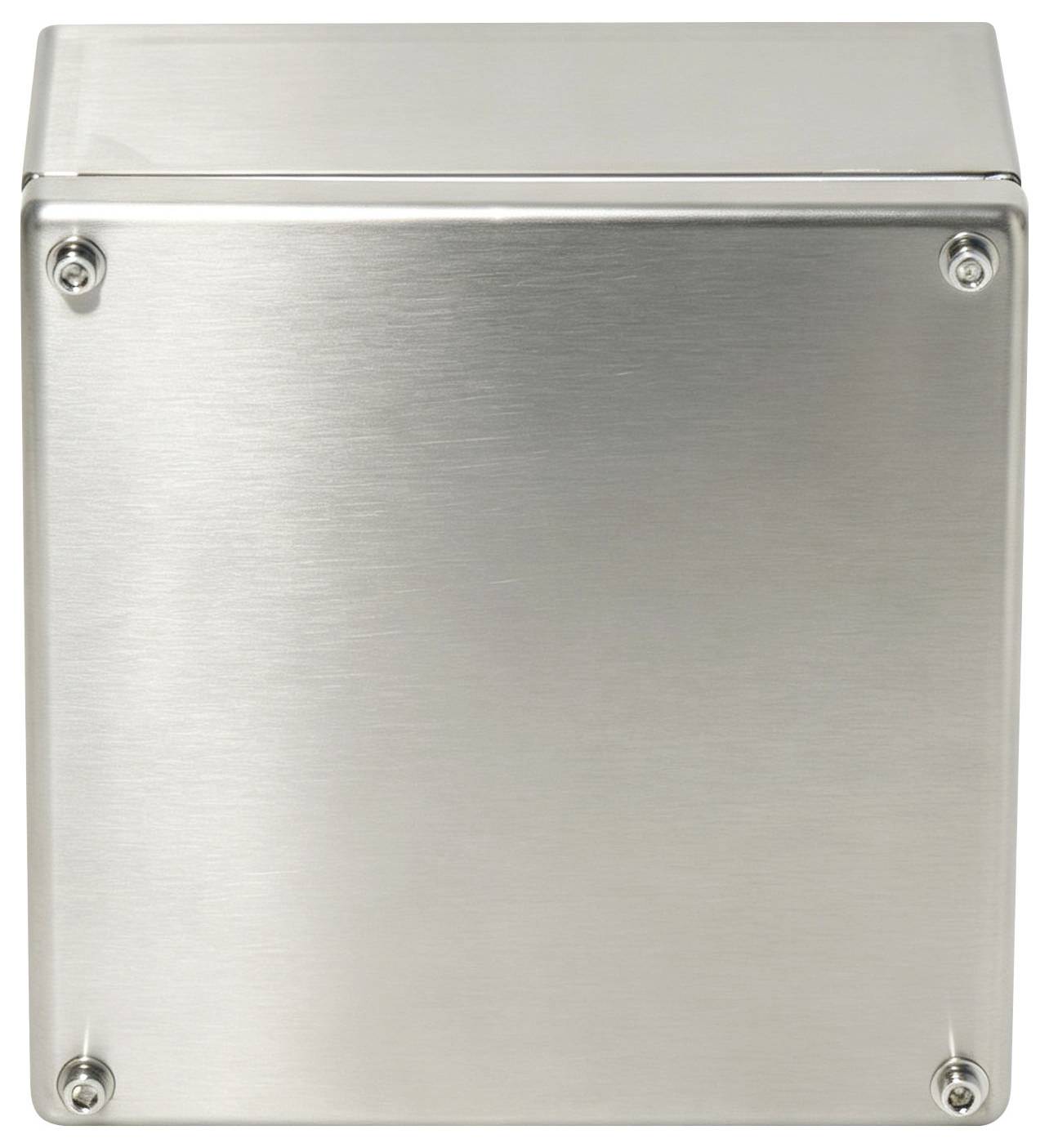 Brushed metal electrical junction box cover with four corner screws on a plain white background.