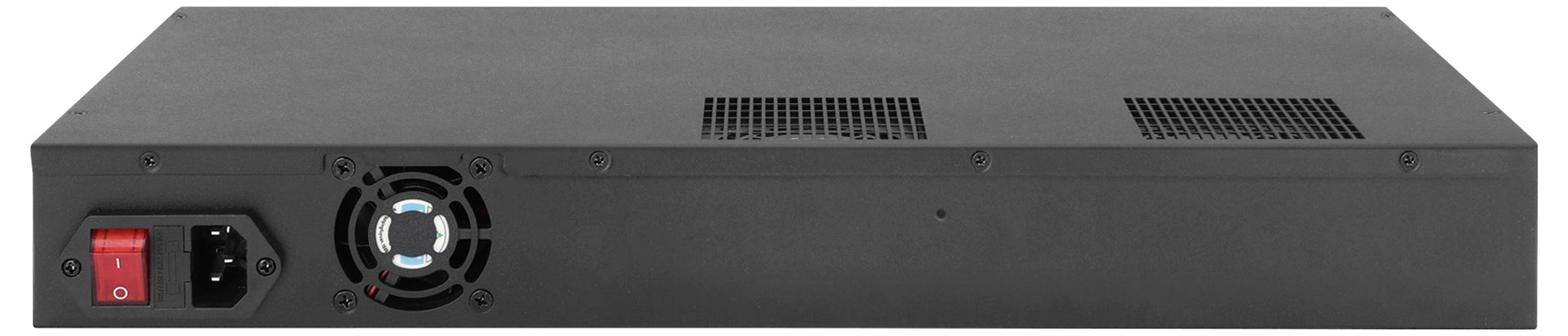 Front view of a black electronic rackmount unit with power switch, power inlet, and cooling fan on the left side.