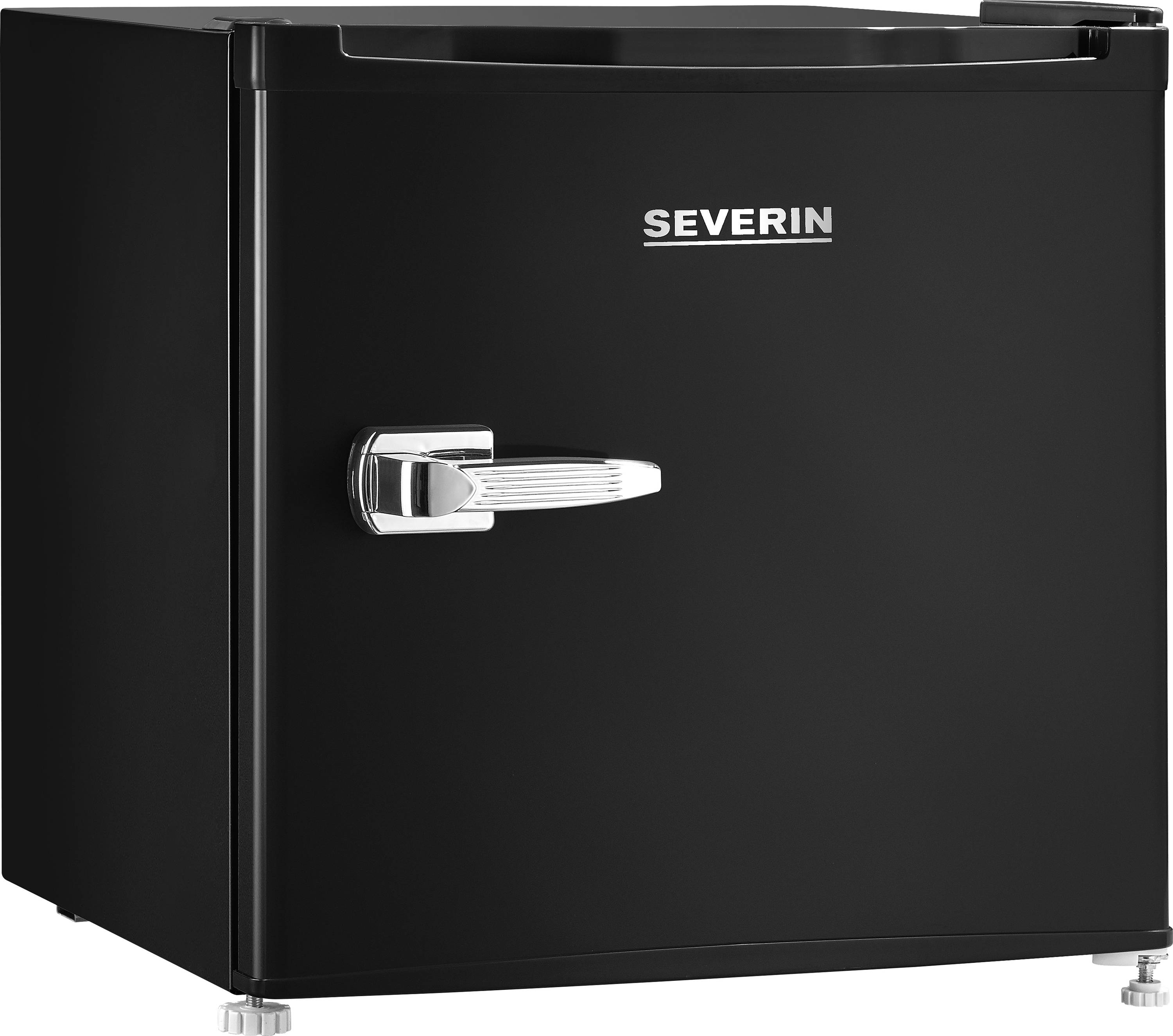 Black Severin mini fridge with chrome handle and front door, shown on a white background.<br>