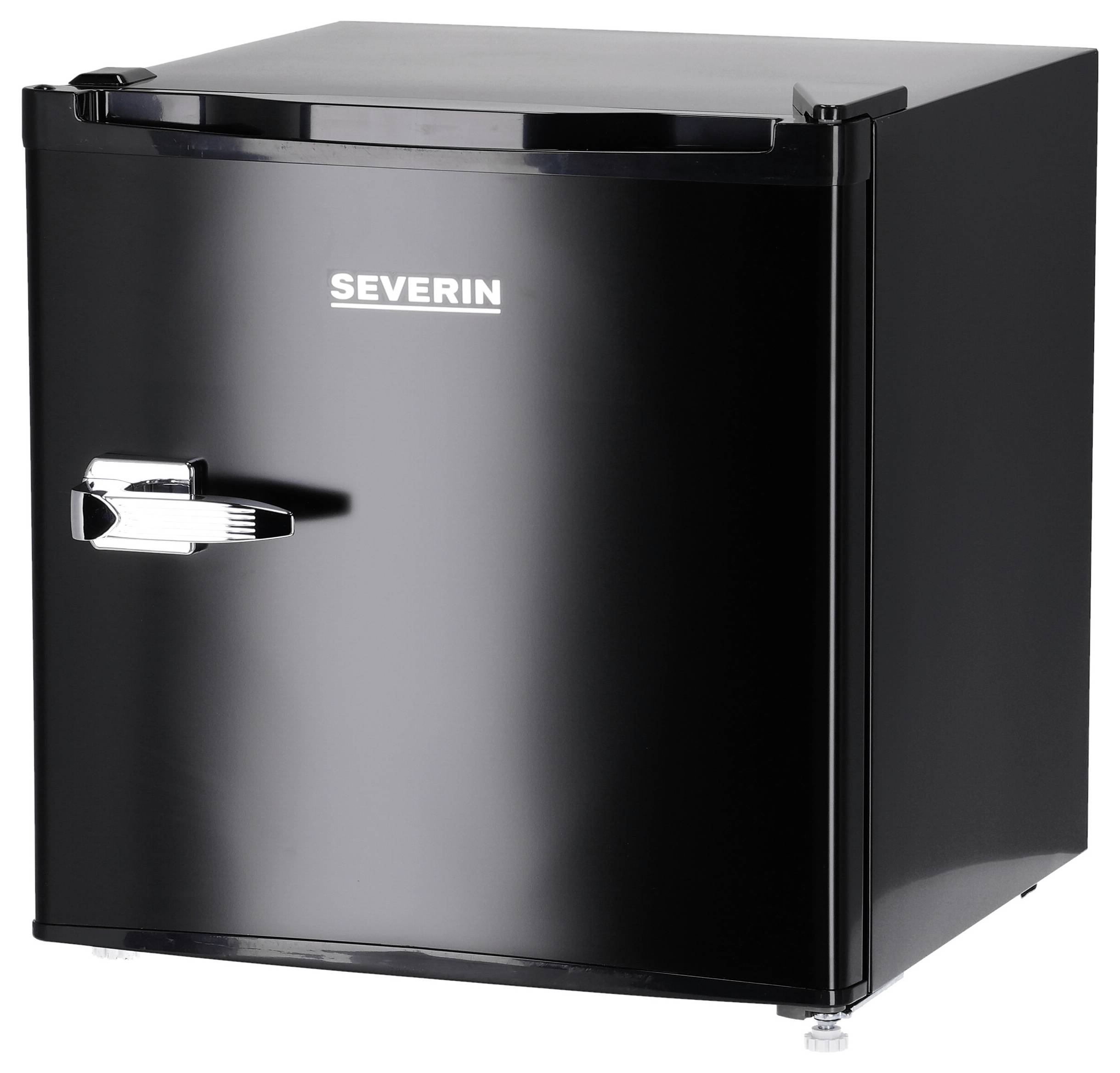 Black Severin mini refrigerator with a front door handle, shown against a white background.