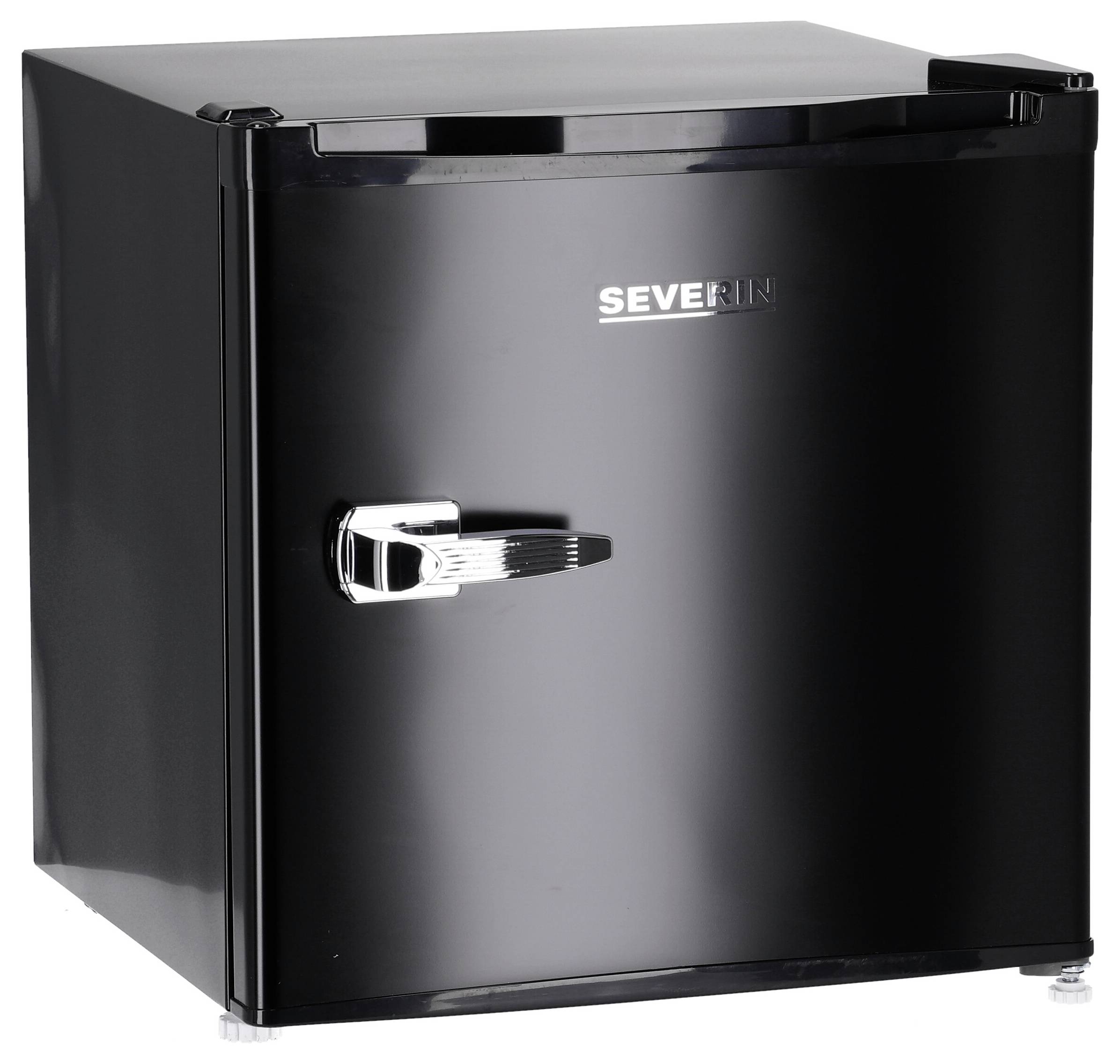 Black Severin mini fridge with a single door and chrome handle, shown on a plain white background.
