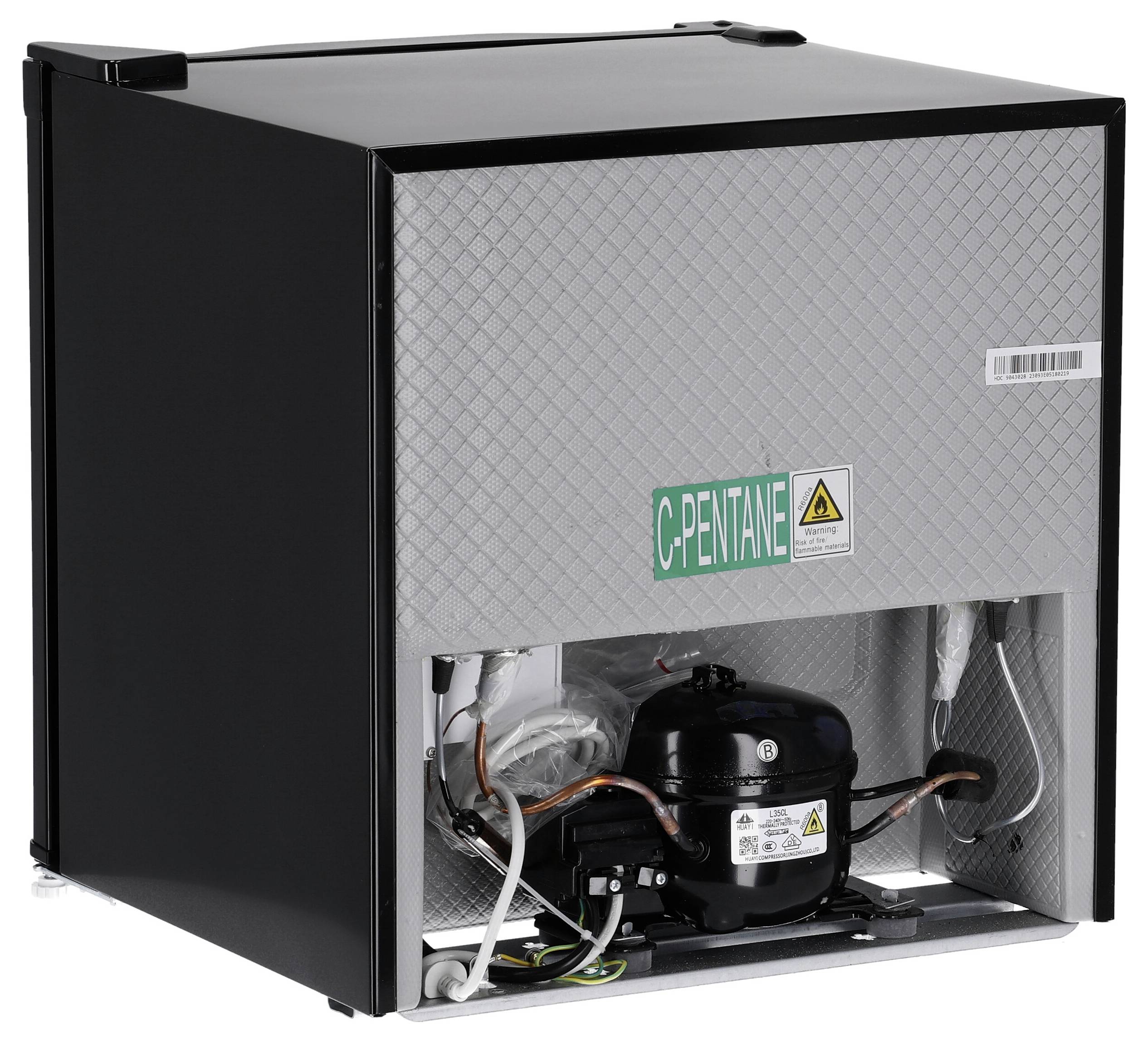 Front view of a compact under-counter refrigerator or freezer with the compressor exposed at the bottom, labeled 'C-PENTANE' on the back panel.