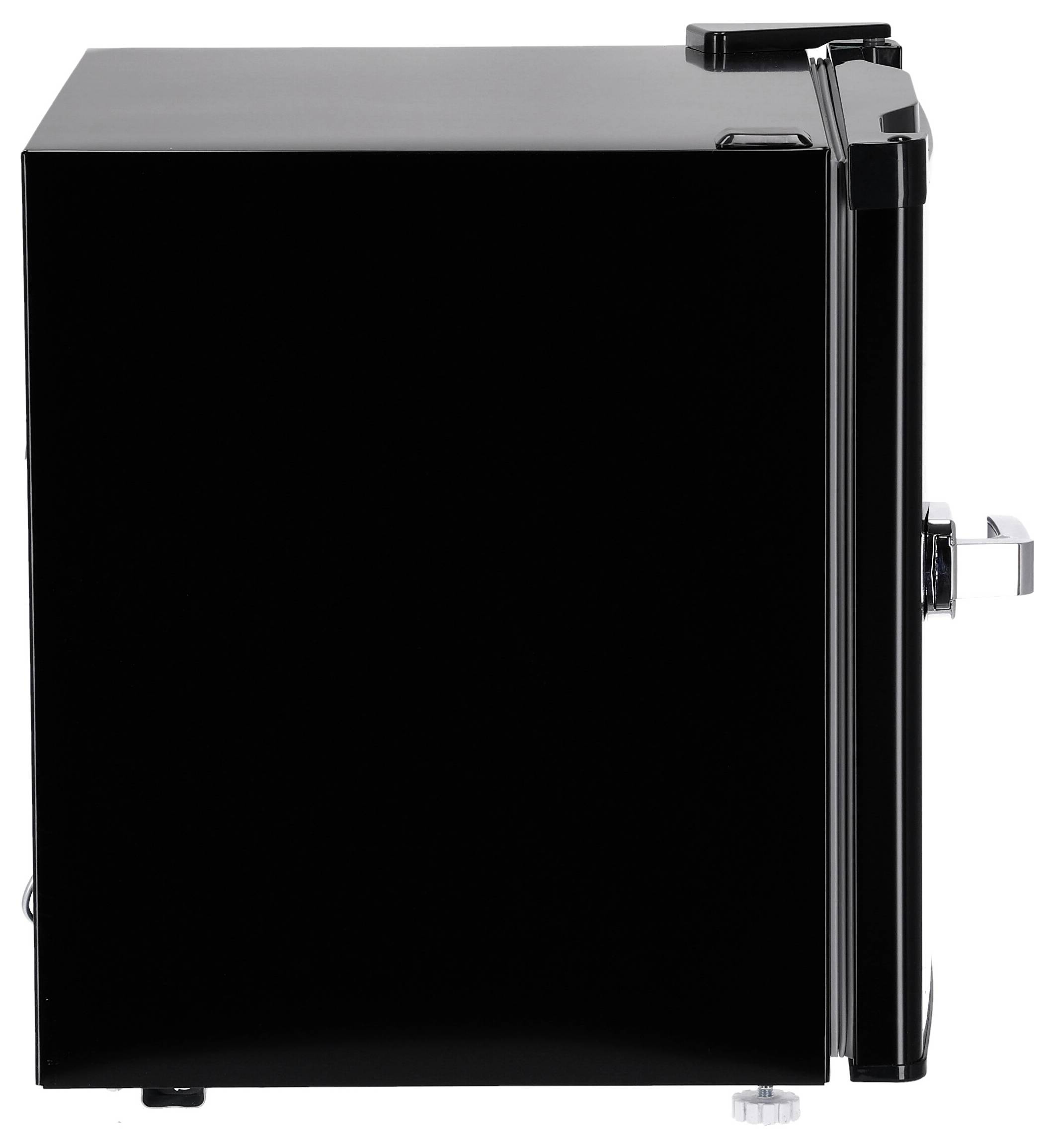Black compact mini refrigerator shown closed against a white background, with the door handle visible on the right.