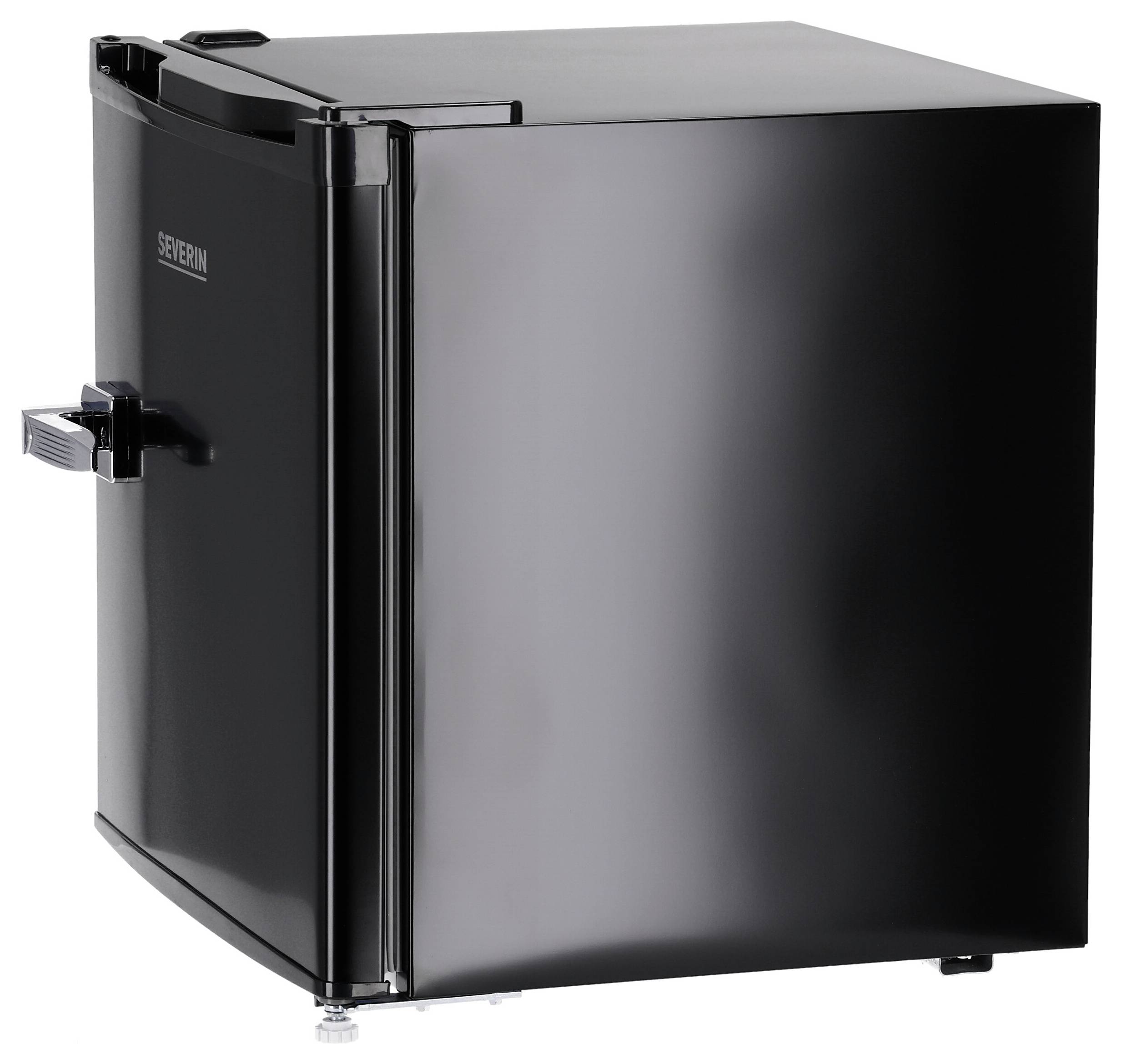 Compact black mini refrigerator with a front door, side handle, and top freezer compartment on a white background.