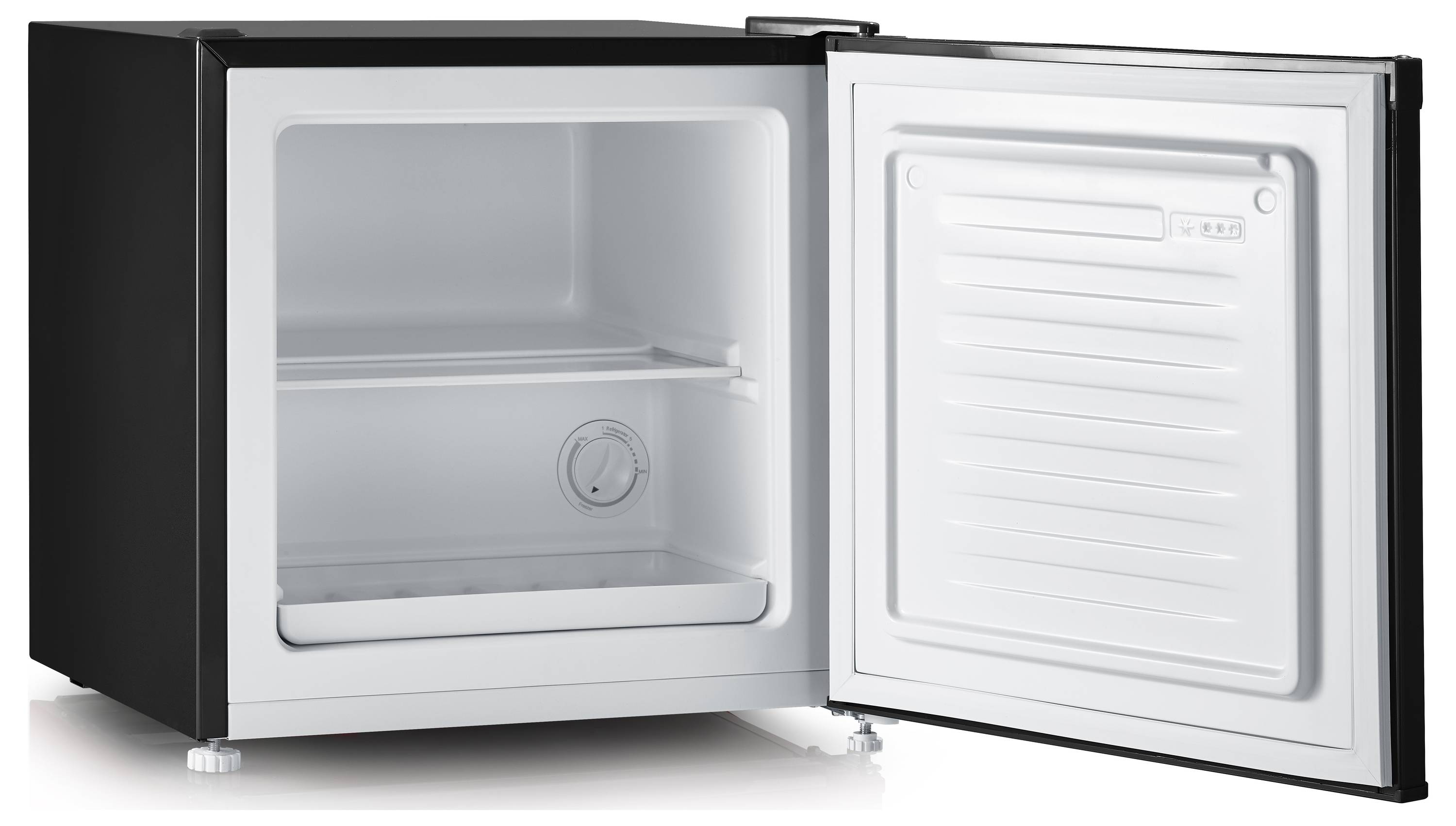Open compact refrigerator with an empty interior, glass shelf, and door storage panel shown against a white background.