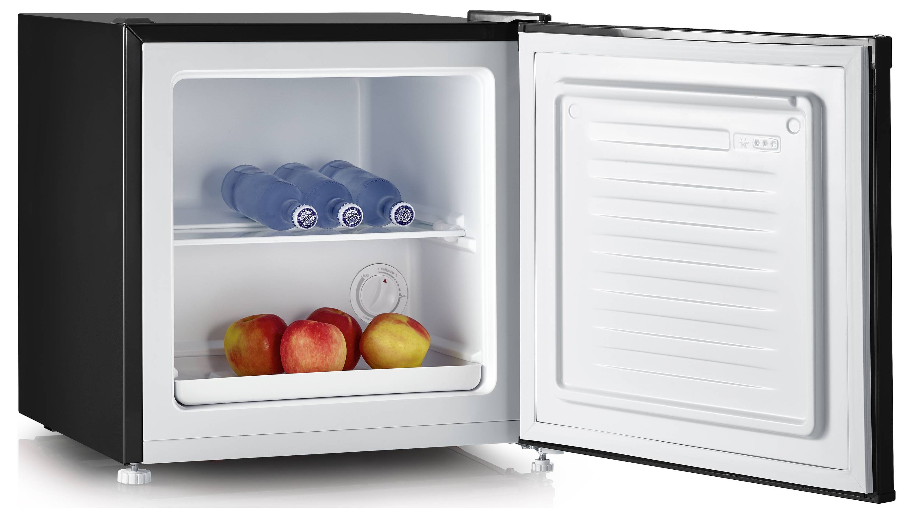 Open mini fridge with bottles on the top shelf and apples on the bottom shelf.