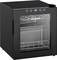 Black Severin countertop wine cooler with glass door, digital controls, and metal shelves inside.