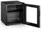 Open black beverage cooler or mini fridge with glass door, interior shelves and wine rack visible.<br>