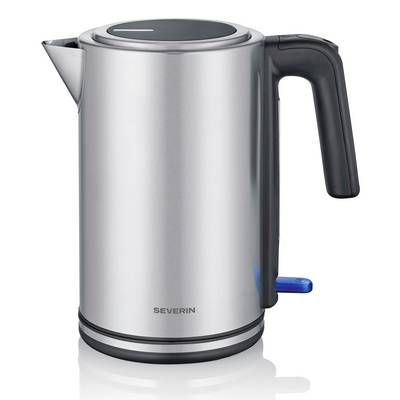 Stainless steel electric kettle with black handle and blue switch, shown on a white background.