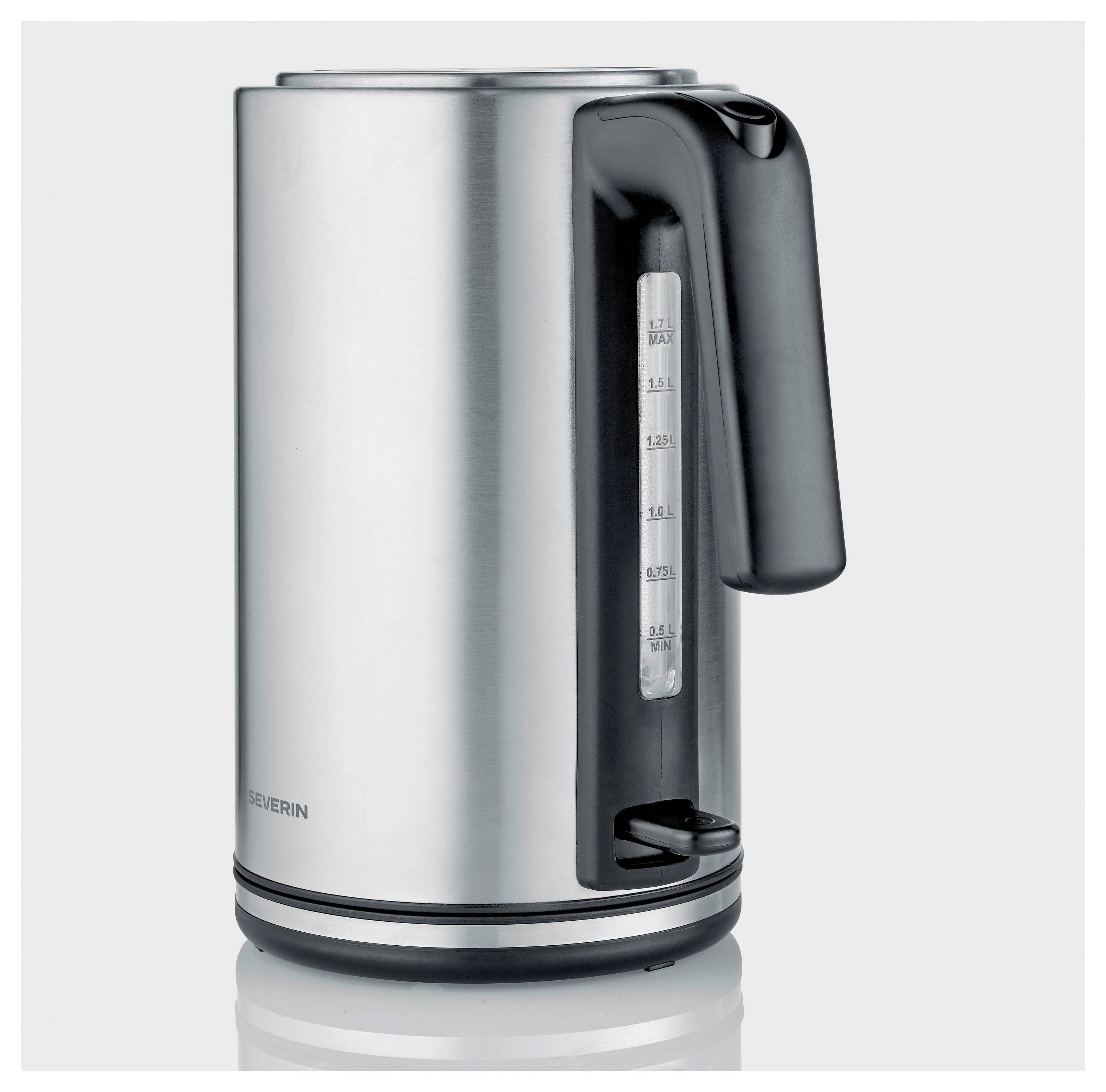 Stainless steel electric kettle with black handle and water level window on a white background.
