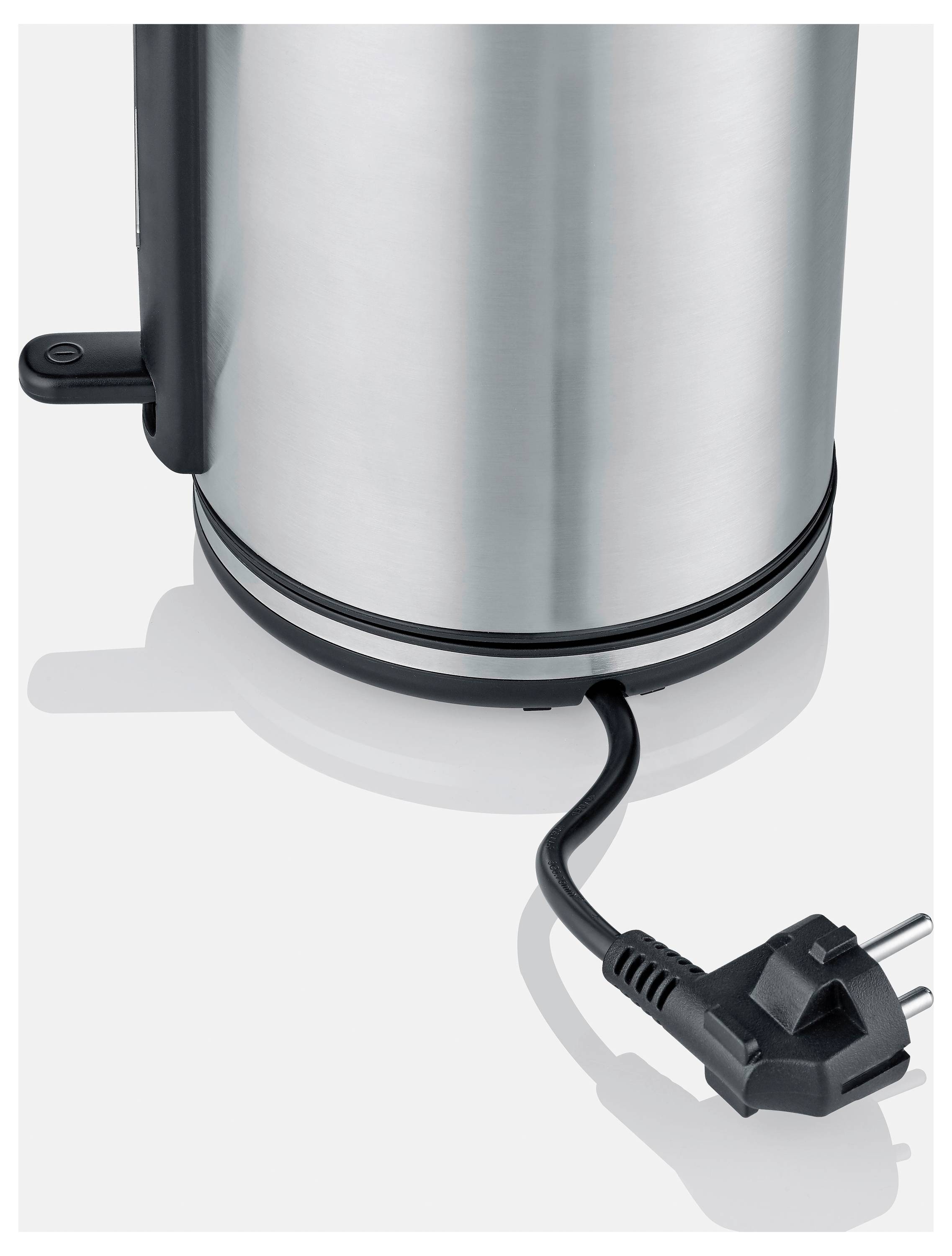 Bottom of a stainless steel electric kettle with power cord and two-prong plug<br>