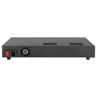 Rear view of a black rackmount electronic unit with power switch, AC inlet, and cooling fan vent.