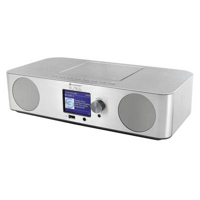Silver tabletop radio with two speakers and a small color display showing 'BAYERN 3' station information.