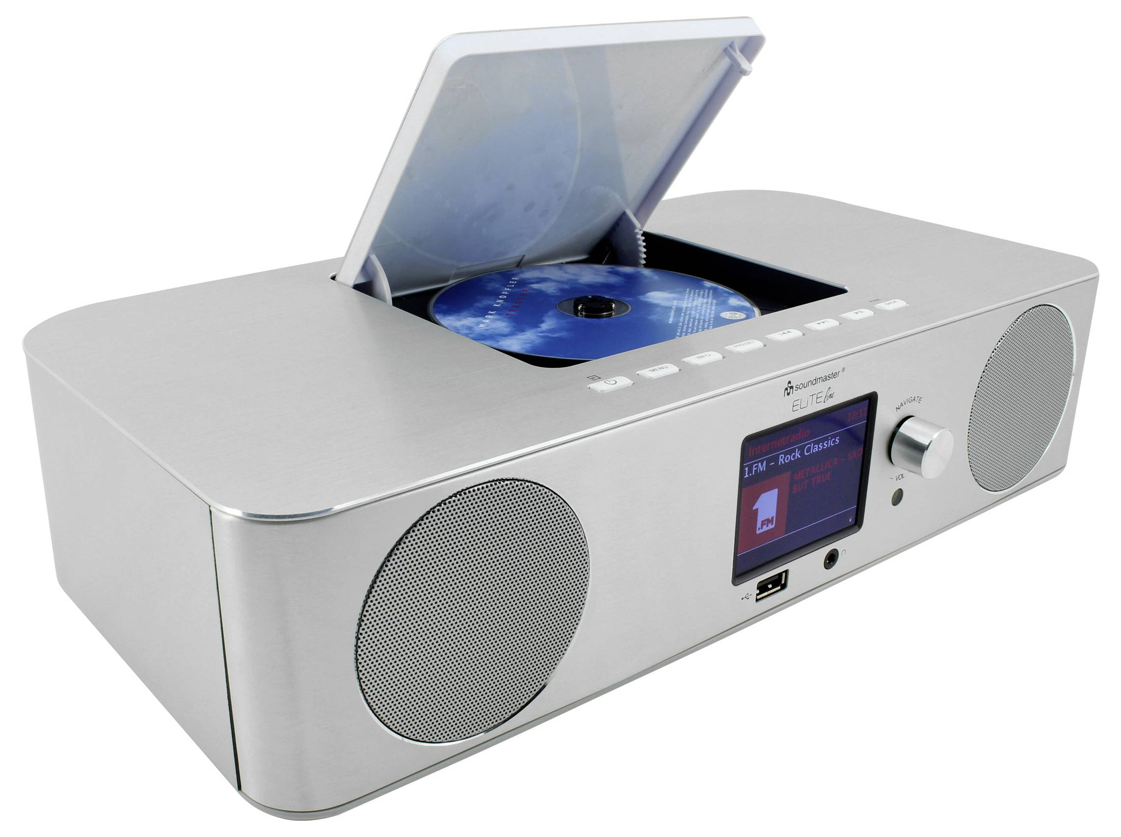 Silver tabletop stereo with open CD lid, two front speakers, and a small display panel on the right.