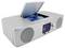 Silver tabletop stereo with open CD lid, two front speakers, and a small display panel on the right.