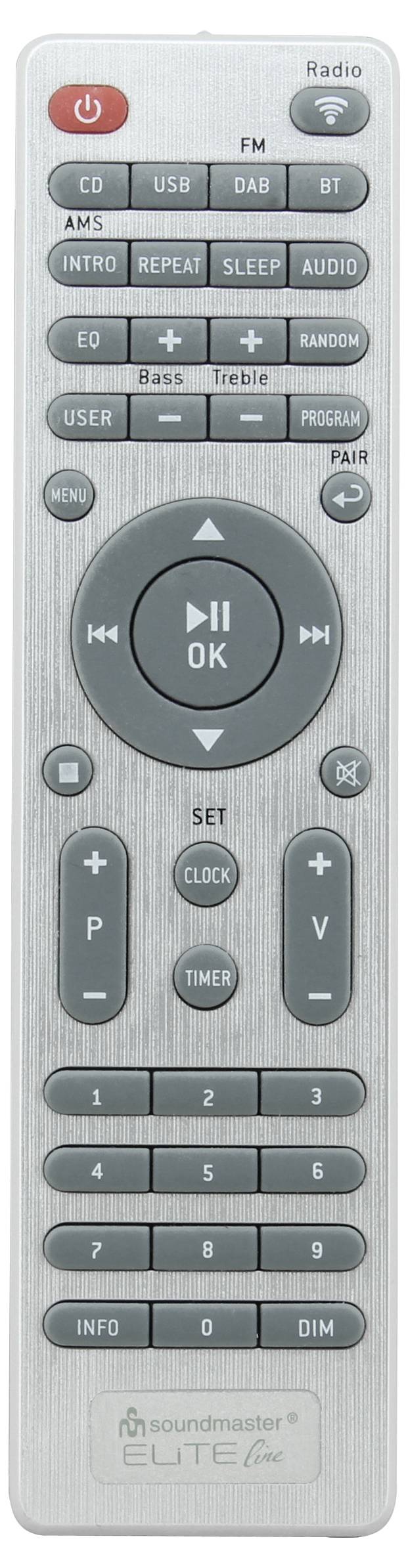 Grey Soundmaster Elite remote control with power, radio, mode, volume, playback, numeric keypad, and directional OK buttons.