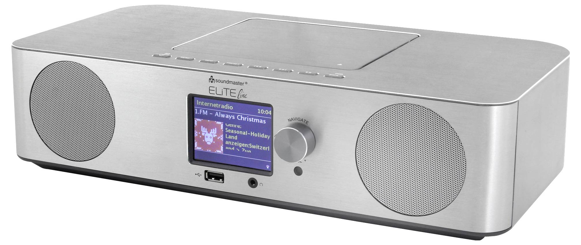 Silver tabletop radio/CD player with two speakers, central display showing 'internet radio', and a tuning knob.