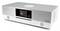 Silver hi-fi stereo component with a front display showing radio/CD info and built-in speakers on the lower grille.