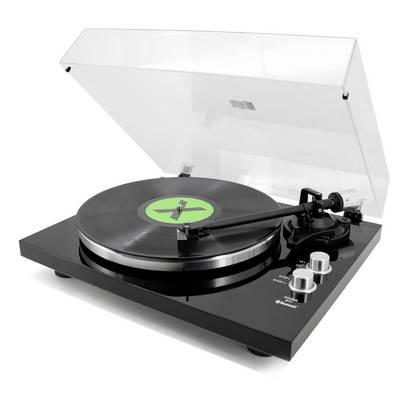 Black turntable record player with clear dust cover open and vinyl record on the platter, showing tonearm and control knobs.<br>