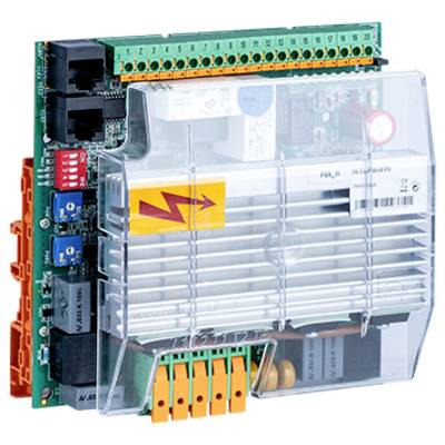 Industrial control module with a clear protective cover, terminal blocks, and Ethernet ports for connecting electrical wiring and automation components.