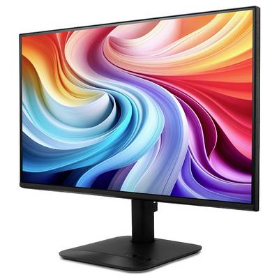 A modern flat-panel computer monitor on a stand displaying a colorful abstract swirl wallpaper.<br>