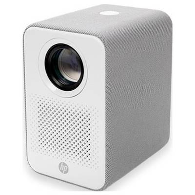 White HP projector with lens on the front and perforated speaker grille, shown angled on a plain background.