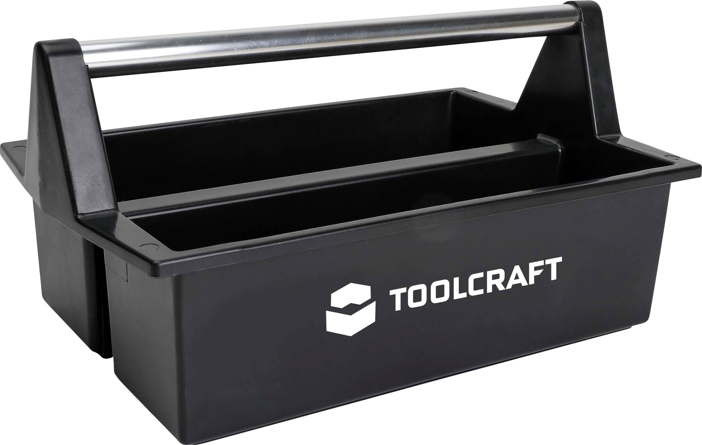 Black plastic TOOLCRAFT toolbox with top handle and open storage tray, shown on a white background.