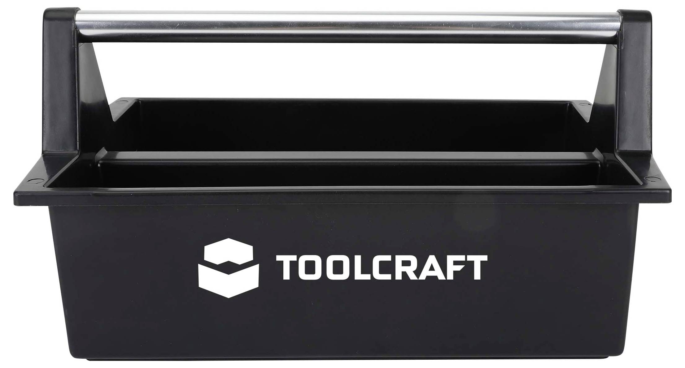 Black Toolcraft plastic toolbox with a chrome carry handle on a white background.