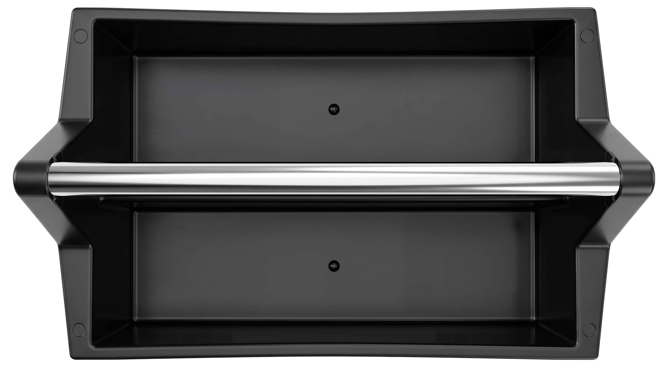 Black plastic wall-mounted shelf organizer with two open compartments and a silver front bar.
